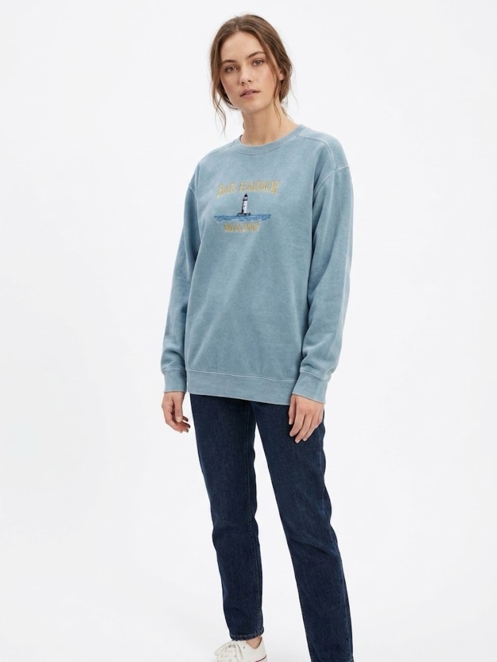Comfort Colors Bar Harbor Maine Lighthouse Embroidered Sweatshirt Blue Large